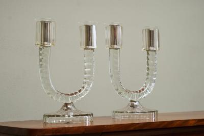 Wonderful Pair of Crystal Art Deco Candle Holders France 1930s