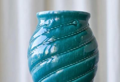 Wonderful Rope Themed Art Deco Vase in Turquoise Europe 1930s