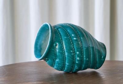 Wonderful Rope Themed Art Deco Vase in Turquoise Europe 1930s