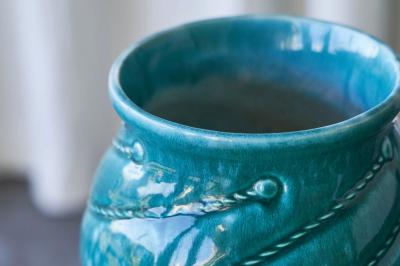 Wonderful Rope Themed Art Deco Vase in Turquoise Europe 1930s