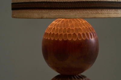 Wonderful Table Lamp in Carved Wood with Shade in Woven Jute 1960s