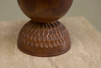 Wonderful Table Lamp in Carved Wood with Shade in Woven Jute 1960s