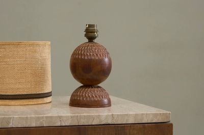 Wonderful Table Lamp in Carved Wood with Shade in Woven Jute 1960s