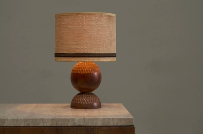 Wonderful Table Lamp in Carved Wood with Shade in Woven Jute 1960s