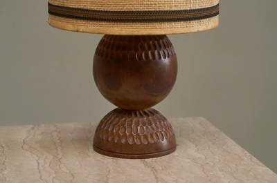 Wonderful Table Lamp in Carved Wood with Shade in Woven Jute 1960s