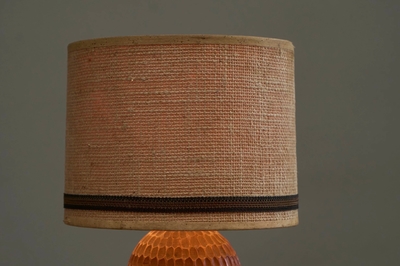 Wonderful Table Lamp in Carved Wood with Shade in Woven Jute 1960s