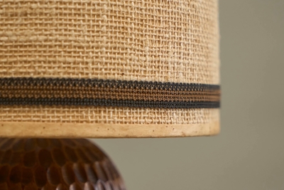 Wonderful Table Lamp in Carved Wood with Shade in Woven Jute 1960s