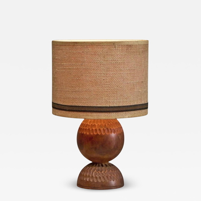 Wonderful Table Lamp in Carved Wood with Shade in Woven Jute 1960s