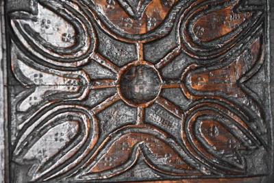 Wonderful mid 17thc carved oak press cupboard with superb patina