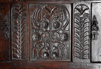 Wonderful mid 17thc carved oak press cupboard with superb patina