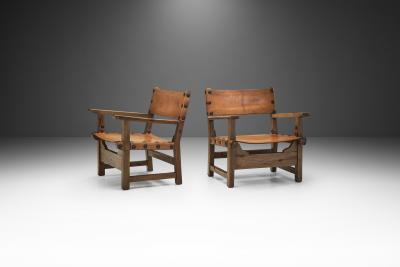 Wood and Cognac Leather Spanish Chairs Europe 1960s