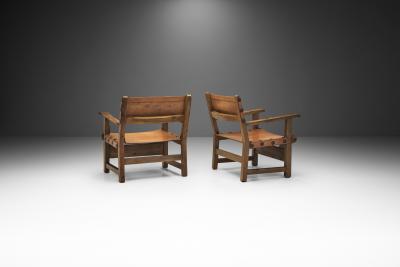 Wood and Cognac Leather Spanish Chairs Europe 1960s