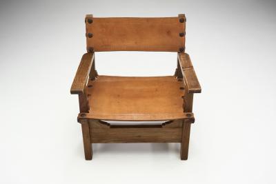 Wood and Cognac Leather Spanish Chairs Europe 1960s