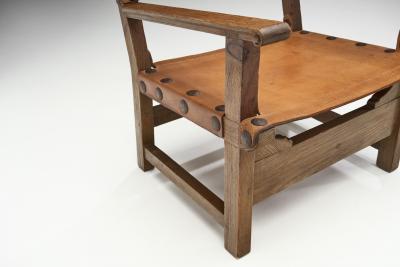 Wood and Cognac Leather Spanish Chairs Europe 1960s