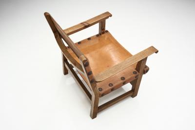 Wood and Cognac Leather Spanish Chairs Europe 1960s