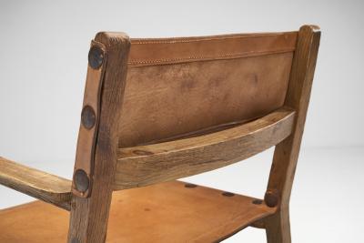 Wood and Cognac Leather Spanish Chairs Europe 1960s