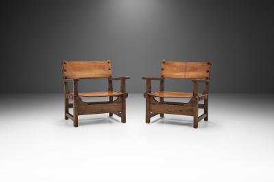 Wood and Cognac Leather Spanish Chairs Europe 1960s