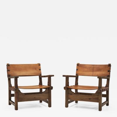 Wood and Cognac Leather Spanish Chairs Europe 1960s