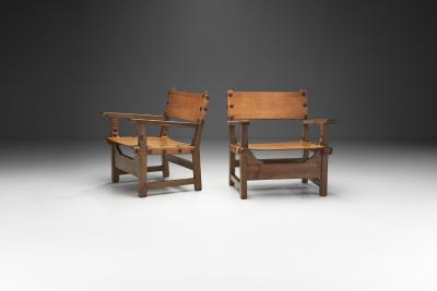 Wood and Cognac Saddle Leather Spanish Chairs Europe 1960s