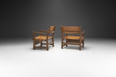 Wood and Cognac Saddle Leather Spanish Chairs Europe 1960s