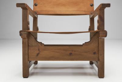 Wood and Cognac Saddle Leather Spanish Chairs Europe 1960s