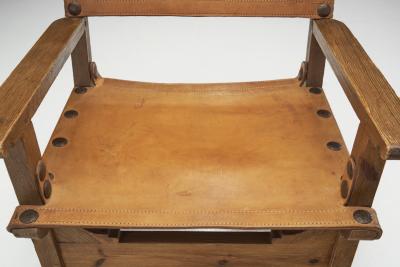 Wood and Cognac Saddle Leather Spanish Chairs Europe 1960s