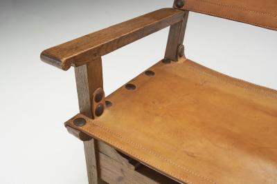 Wood and Cognac Saddle Leather Spanish Chairs Europe 1960s