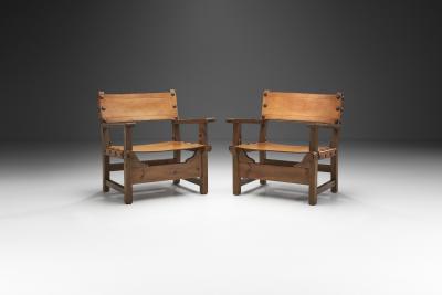 Wood and Cognac Saddle Leather Spanish Chairs Europe 1960s