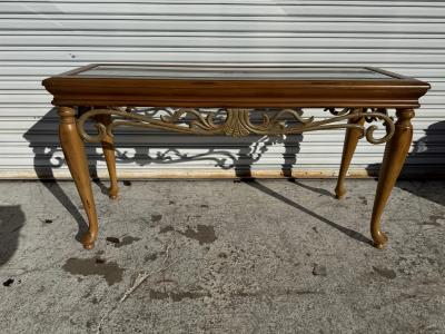 Wood and Wrought Iron Sofa Table With Glass Top