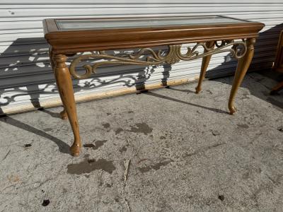 Wood and Wrought Iron Sofa Table With Glass Top