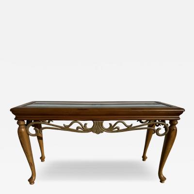 Wood and Wrought Iron Sofa Table With Glass Top