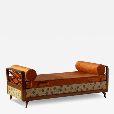 Wood and fabric daybed with foldable armrests and storage unit Italy 1950s