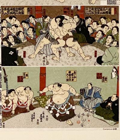 Woodblock Print of Sumo Wrestlers Japan circa 1880