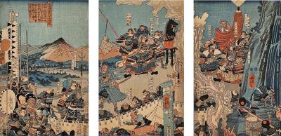 Woodblock Triptych Tenmokuzan Battle by Yoshitora Japan 1888