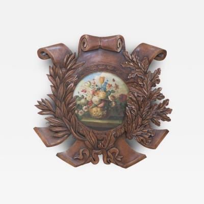 Wooden Wall Plaque with Painted Floral Still Life Inset