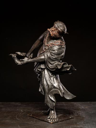 Wooden sculpture of a Dancing Tengu Late Edo Meiji Period Japan