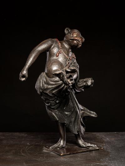 Wooden sculpture of a Dancing Tengu Late Edo Meiji Period Japan