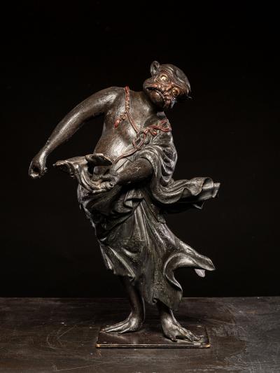 Wooden sculpture of a Dancing Tengu Late Edo Meiji Period Japan