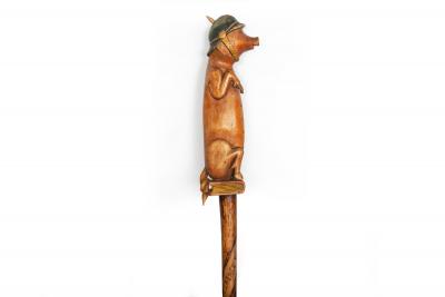 World War I Trench Art Carved Wallking Stick Cane of Sculpture Pig Soldier
