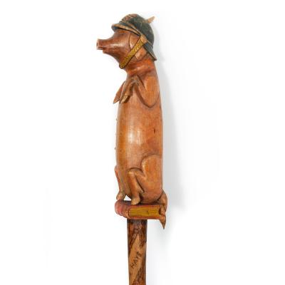 World War I Trench Art Carved Wallking Stick Cane of Sculpture Pig Soldier