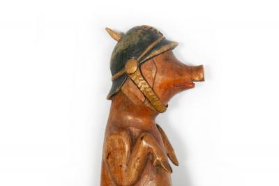 World War I Trench Art Carved Wallking Stick Cane of Sculpture Pig Soldier
