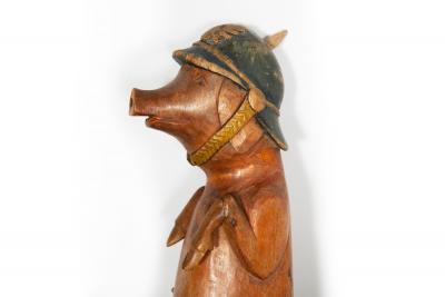 World War I Trench Art Carved Wallking Stick Cane of Sculpture Pig Soldier