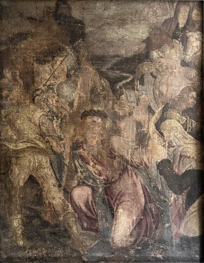 Worn Antique Religious Scene Oil on Canvas in Original Wooden Frame