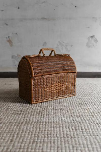 Woven Cane Basket With Double Top Opening And Handles