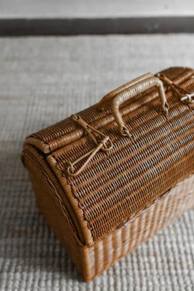 Woven Cane Basket With Double Top Opening And Handles