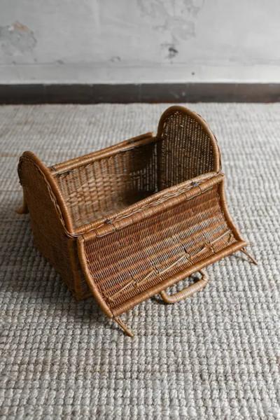 Woven Cane Basket With Double Top Opening And Handles