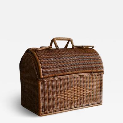 Woven Cane Basket With Double Top Opening And Handles