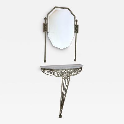 Wrought Iron French 1920s Art Deco Console Table with White Marble and Mirror