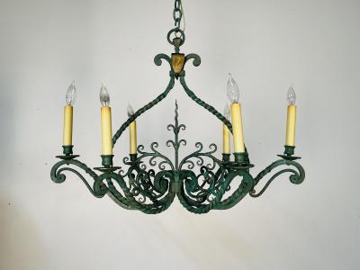 Wrought Iron Industrial Green Painted Chandelier Circa 1930s