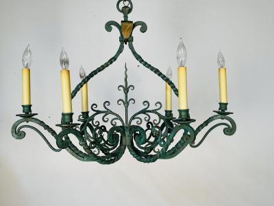 Wrought Iron Industrial Green Painted Chandelier Circa 1930s
